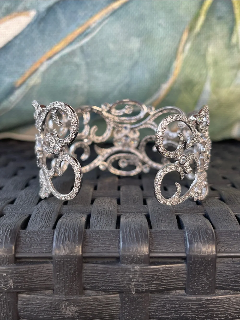 Cubic Zirconia - Silver Scroll Cuff Bracelet